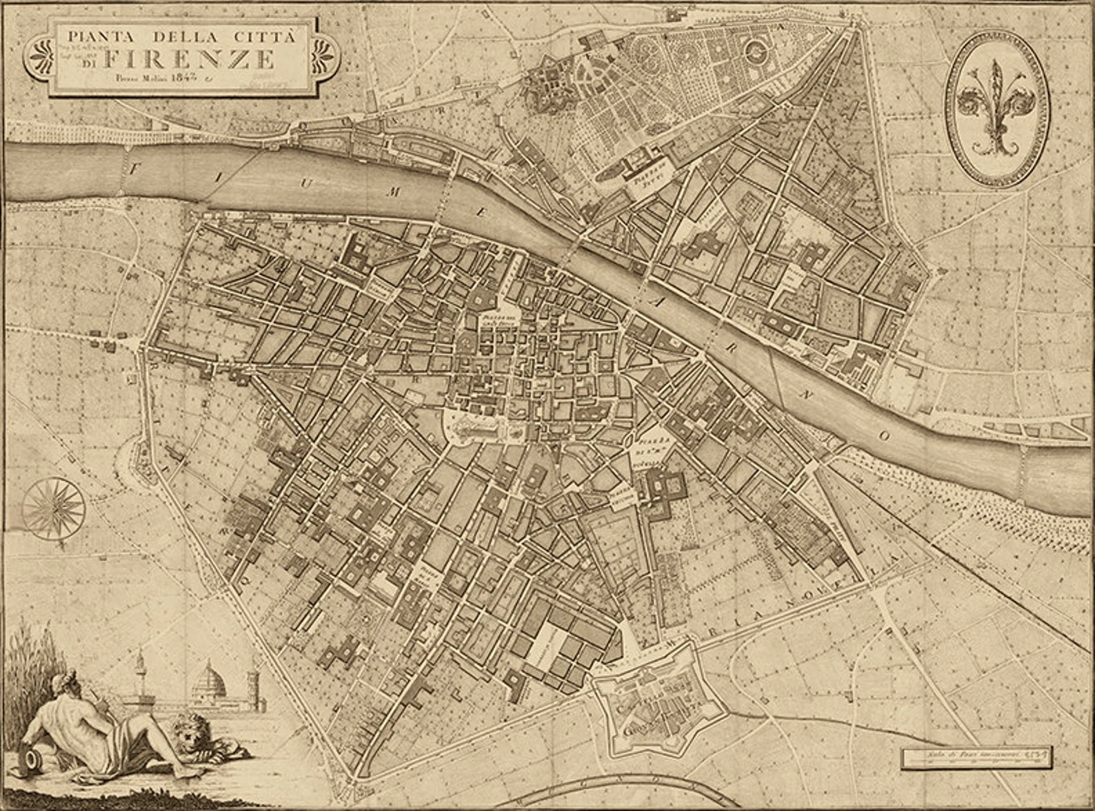 Ancienne carte de Florence (Firenze) Italie 1847